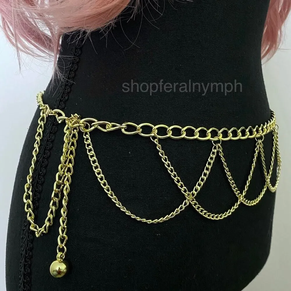 Gold Y2K Cascading Draped Layered Waist Chain Belt, Fits 21-41 Inches, X7GA1360